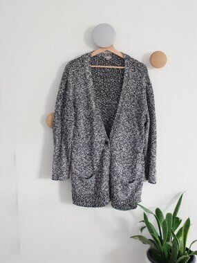 J. Jill Chunky Knit Cardigan Sweater Black White Marled Single - Size Large